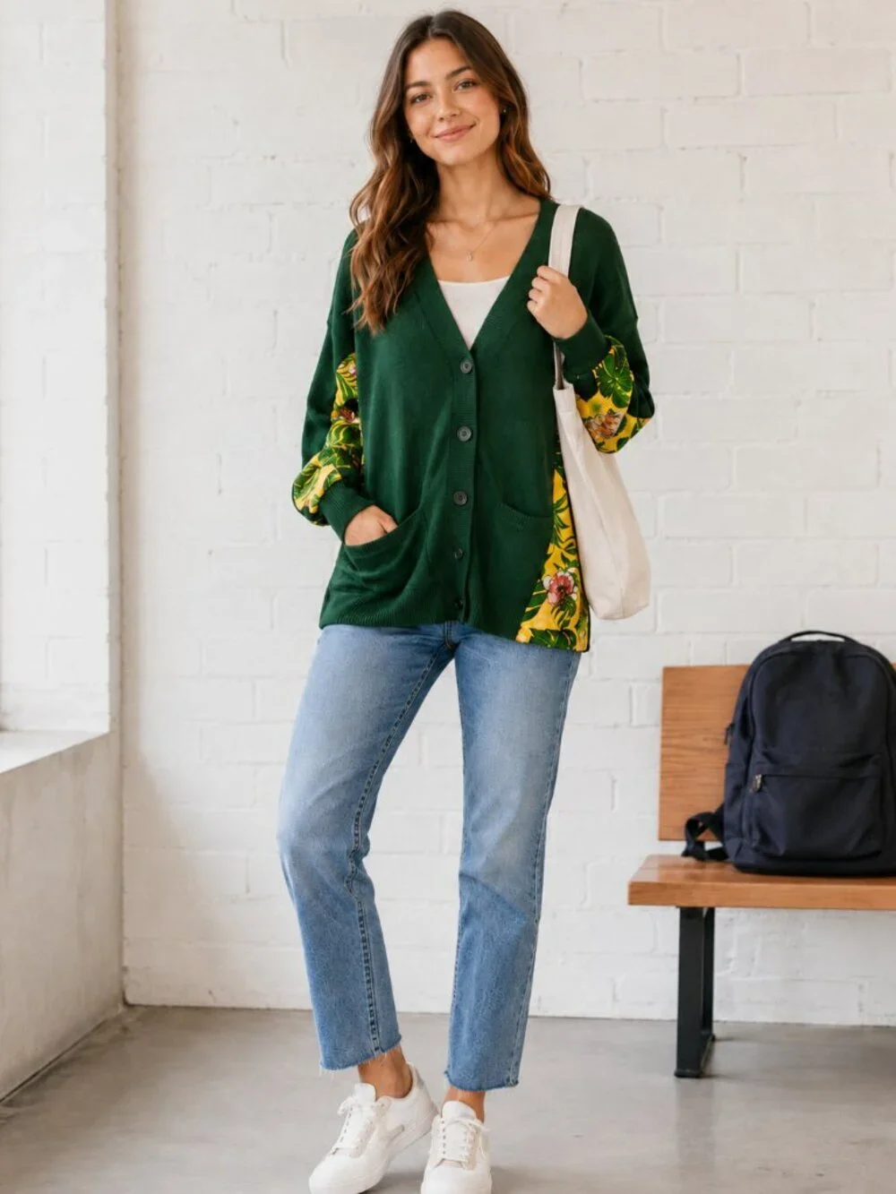 Free People x Sandrine Tropical Palm Tree Mixed Media Cardigan Sweaterl Small